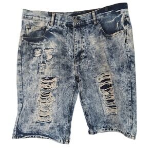 Hype Mens Slim Acid Wash Distressed Denim Shorts Blue Star Underlay Size 38